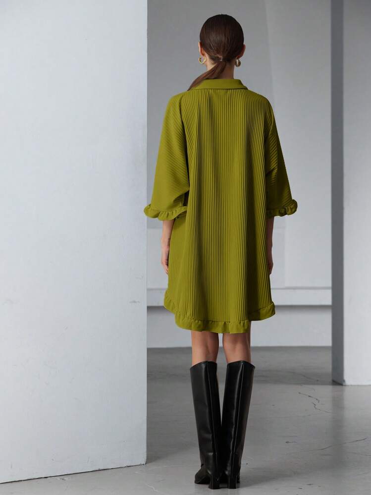 Aveloria Modichic Vestido-camisa con mangas tipo murciélago, bajo con volantes, para vacaciones de mujer - Mostaza Amarilla - Añade 3