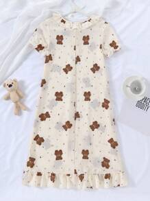1 Pc Girls Bear Heart Star Print Short Sleeve Sleepwear Dress, Home Wear,Summer,Travel - Multicolor - View 2