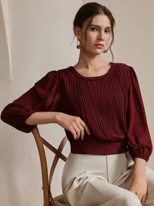 Anewsta 女式针织麻花圆领褶皱灯笼袖修身衬衫，适合春季外出穿着 - 酒紅色 - 查看 4