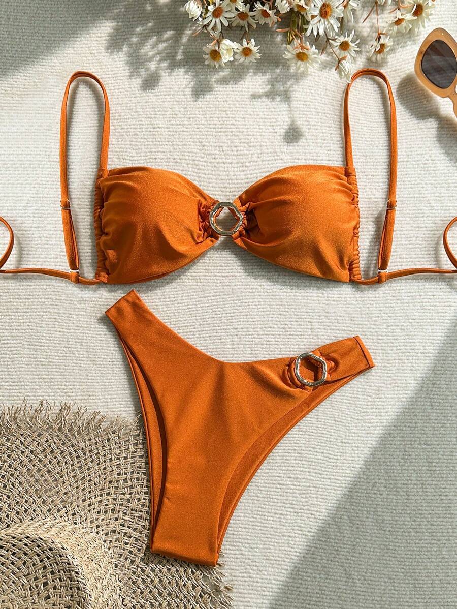 SHEIN Swim 2pcs/Set Women Vacation Beach Outfits, Solid Color Spaghetti Strap Shirt With Golden Circle Strap Decor And High Cut Bikini Bottoms - Rust Brown - View 1