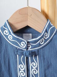 男宝宝夏季休闲装，简约印花短袖前开唐装上衣+纯色短裤，时尚百搭，宽松版型，适合户外玩耍、居家休闲、轻度运动 - 彩色 - 查看 3