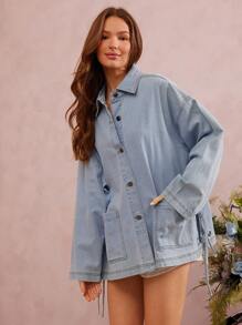 WESTFADE Premium Denim Tie Side Bow Long Sleeve Button Front Shirt Jacket - Light Wash - View 5