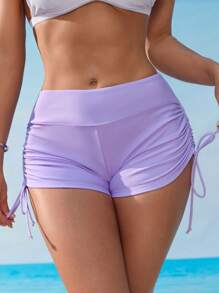 Swim Basics 女士纯色高腰抽绳比基尼泳裤 - 紫色 - 查看 5