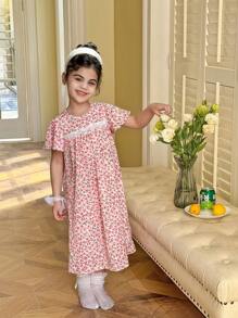 SHEIN Young Girl Floral Print Lace Trim Woven Summer House Dress Spring Dress For Kids Spring Dresses For Girls Summer Dresses For Girls Summer Dress For Girls Young Girls Dresses Spring Kids Dresses