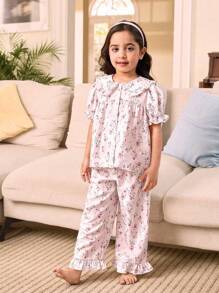 SHEIN Leap Crew Young Girls Floral Pattern Ruffle Collar Puff Sleeve Buttoned Top And Pajama Pants Cute Sweet Loungewear Set, 2 Pieces (2 Sets Sold Separately) - Multicolor - View 2