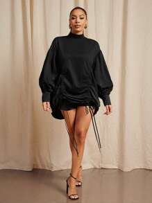 Vixey 超大抽绳立领气球长袖上衣，女士商务休闲装，女士办公室服装，女士工作服 - 黑色 - 查看 3