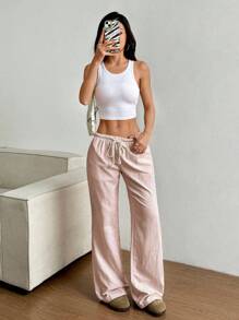Flirla Women's Pink Cotton Low Waist Drawstring Tie Straight Leg Pants, Casual & Stylish For Spring Home Wear - Khaki - View 8