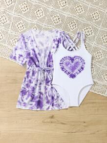 2pcs/Set Young Girl Swimsuit, Tie-Dye Heart Shaped With Adjustable Strap One-Piece Swimsuit & Cover-Up - Purple - View 7