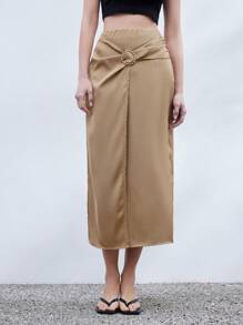SHEIN Privé High-Quality Elegant Metal Ring Belt Ruched High Waist Side Slit Design Long Skirt Fall Cloth For Women