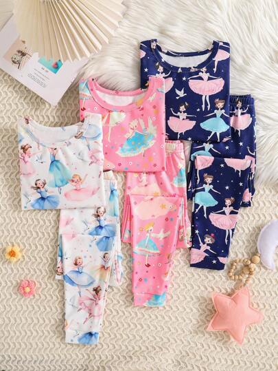 SHEIN Playful Pals 6 件套卡通人物印花长袖上衣和裤子睡衣套装，适合年轻女孩居家休闲穿着，可作为睡衣或室内休闲服穿着