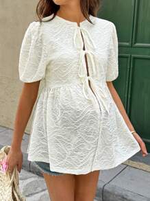 SHEIN Maternity Textured Tie Front Puff Sleeve Ruffle Hem Shirt