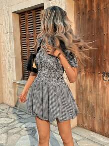 Chiquease Ruffle Hem Plaid Puff Sleeve Mini Dress - Black - View 3