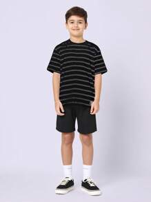 SUMWON 青年休闲条纹 T 恤圆领经典宽松夏季短袖基本款街头服饰日常上衣青少年休闲装 - 黑色 - 查看 3