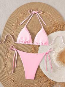 Swim Mod Springbreak 针织派对/外出/跳舞，夏季可爱性感纯色女士比基尼套装带抽绳和绷带，优雅夏季泳装 - 彩色 - 查看 2