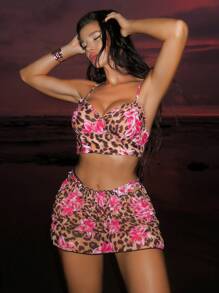 Swim SXY Damska letnia koszulka z nadrukiem w panterkę i kwiaty z losowym nadrukiem i marszczonymi ramiączkami z drutu, seksowny zestaw 3 sztuk, kamizelka, bikini z ramiączkami spaghetti - Wielokolorowe - Zobacz 1