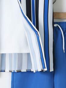 SHEIN 2pcs/Set Tween Boy Striped Short Sleeve Single-Breasted Shirt & Drawstring Waist Shorts, Casual Outfit - Blue - View 6