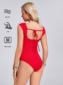 SHEIN LUNE 女士红色紧身短袖深 V 领露背连体衣，春夏 - 紅色 - 查看 4