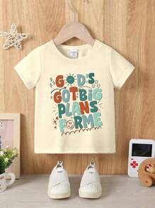 GraphicGems 男婴可爱创意“上帝对我有大计划”字母图案短袖圆领 T 恤，夏季休闲 - 杏色 - 查看 3