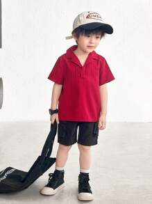 SHEIN 1件年輕男孩休閒學院風短袖襯衫，舒適、時尚、簡約、實用、可愛紋理面料，透氣舒適 - 紅色 - 查看 5