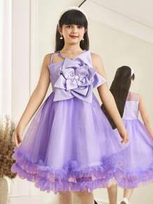 SHEIN Tween Girl Elegant Round Neck Mesh Patchwork 3D Floral Decor Party Dress - Purple - View 1