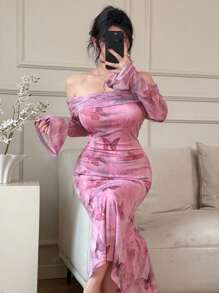 DAZY Women's Mid-Length Off Shoulder Floral Print Mermaid Dress,Fall Dress - Pink - View 7
