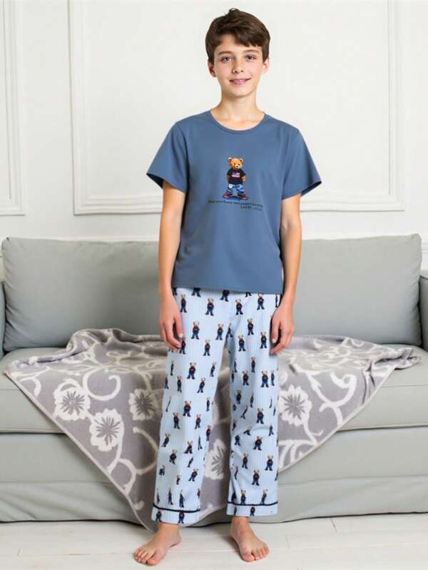 Tween Boy Pajamas Set, Bear Print Round Neck Short Sleeve + Shorts, Casual Loose 2pcs Loungewear Set