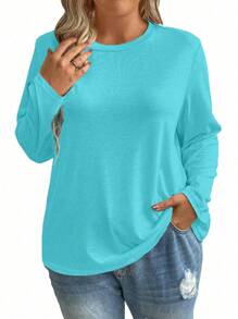 Plus Size Women's Solid Color Round Neck Loose Casual Minimalist Daily Commute Base Layer Long Sleeve T-Shirt, Blue, Versatile, Spring/Autumn - Mint Blue - View 4