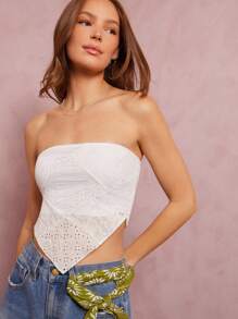WESTFADE Western Mixed Media Lace Faux Crochet & Eyelet Patchwork Fitted Bandeau Hankerchief Tube Top Spring Break Music Festival