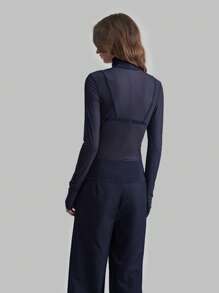 Ontre 2026SS Stockholm Style, Women's Teacher, High Collar Turtleneck Knit Top, Elegant Top, Mesh Long Sleeve Shirt, Business Casual Women's Basic Top Modern Urban Casual Fashion Business Casual Women's Office Wear Low-Key Old Money Style Effortless Temperament Urban Commuting Airport Top Modern Urban Casual Fashion Business Casual Women's Office Wear Low-Key Old Money Style Effortless Temperament High-End Urban Commuting High-Quality Airport Women's Wear High-End Material - Navy Blue - View 2