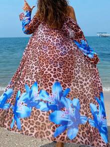 SHEIN Swim 2pcs Swimsuit Set: Tropical Print Kimono Cover Up + Sexy Leopard & Hibiscus Blue Flower Two-Piece Swimwear Suit For Beach Holiday For Summer Beach Vacation - Multicolor - View 6