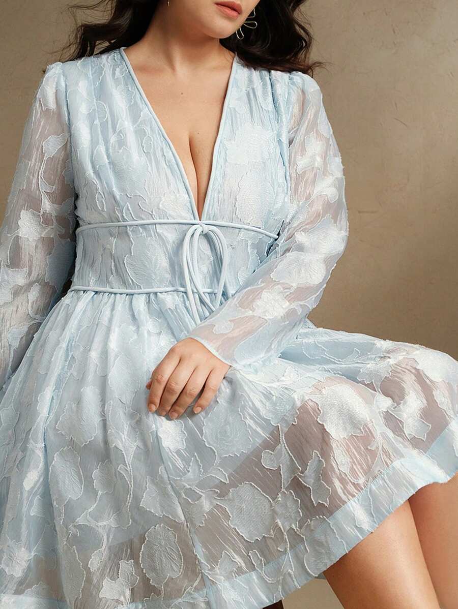 Anewsta 优雅提花镂空系带领口收腰高低下摆连衣裙，节日、外出、度假装，女士春季 - 藍色 - 查看 1