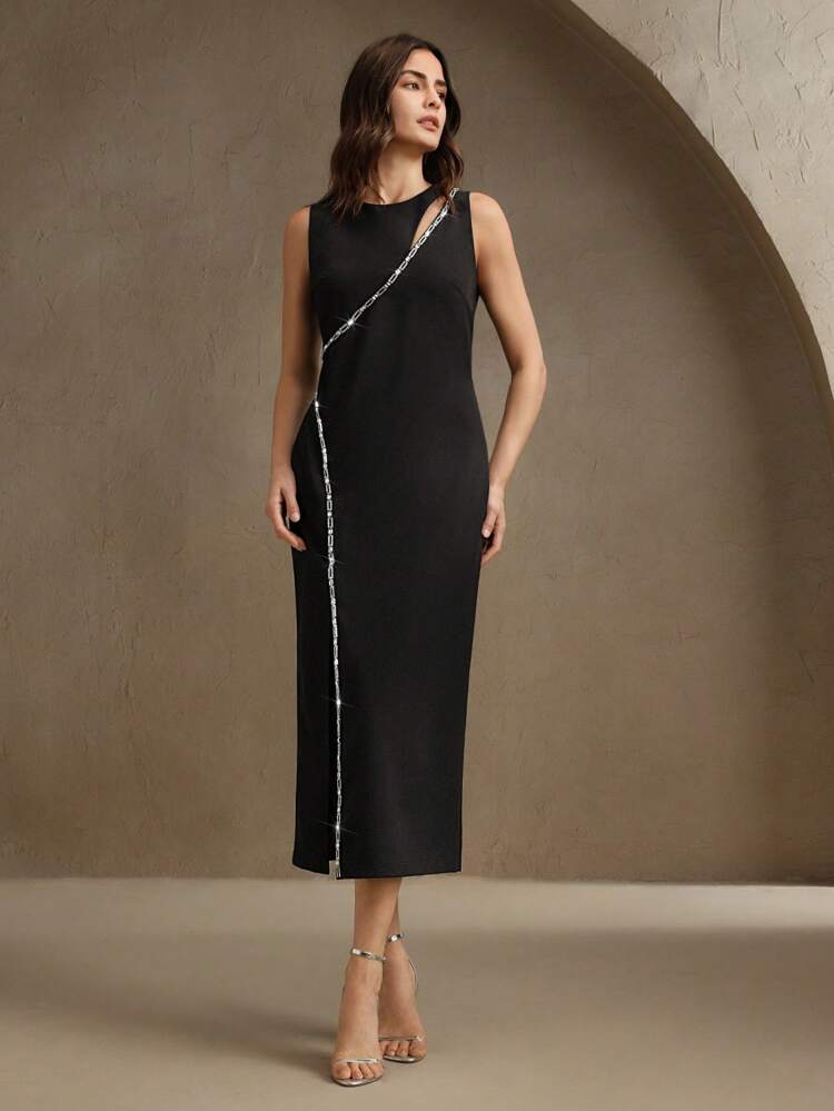 Elegant Chic High-End Luxury Design Hollow Chain Long Sleeve Slit Fitted Dress, Suitable For Wedding Guest, Party, Valentine, Black