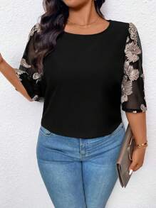 SHEIN LUNE Plus Size Women Floral Print Semi-Sheer Round Neck Loose Casual Blouse - Black - View 7