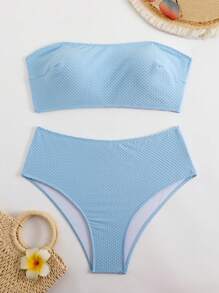 Swim Basics 2pcs/Set Plus Size Women Solid Color Strapless Bikini Swimwear Set, Fashion Casual Beach Vacation - Baby Blue - View 7