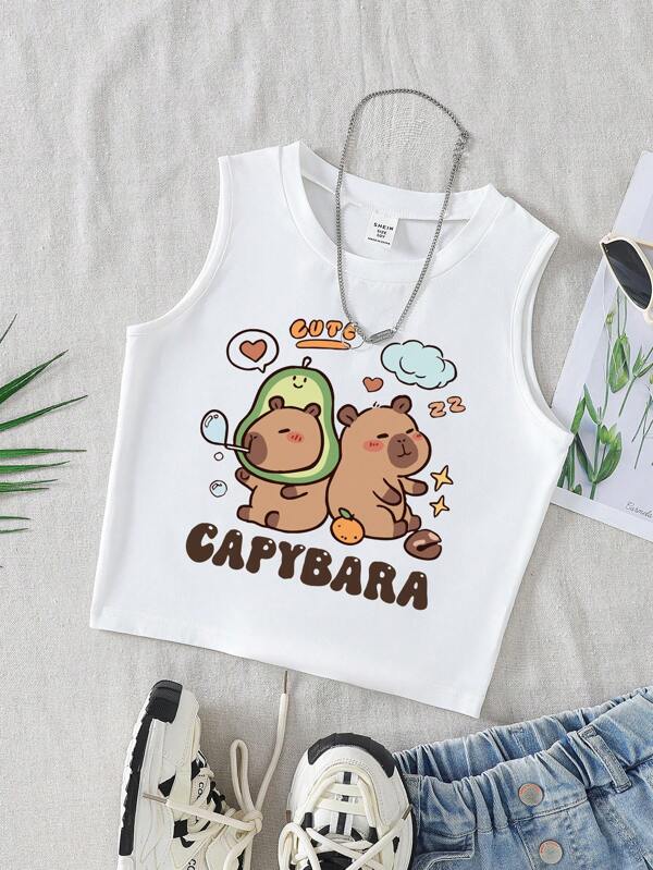 SHEIN Parte superior de tirantes con cuello redondo estampado de corazones de capibara para niña preadolescente