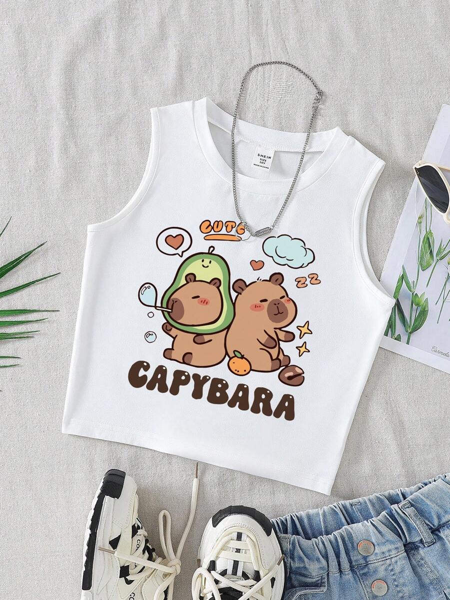 Tween Girl Cute Capybara Heart Print Crew Neck White Tank Top - White - View 1