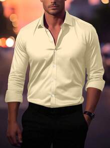 Manfinity Mode Camisa casual/de negocios de manga larga y de un solo pecho de unicolor para hombre de talla grande