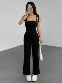 SHEIN PETITE Women's Black Spaghetti Strap Bowknot Jumpsuit, Straight Leg, Long Length, Fashion Minimalist Casual Commuter Daily Versatile, Suitable For Petite Women In Spring And Summer