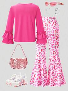 SHEIN 2pcs/Set Girls' Valentine's Day Heart Print T-Shirt And Flare Pants Casual Outfit - Hot Pink - View 2