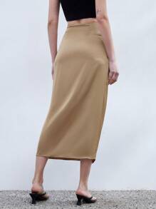 SHEIN Privé High-Quality Elegant Metal Ring Belt Ruched High Waist Side Slit Design Long Skirt Fall Cloth For Women