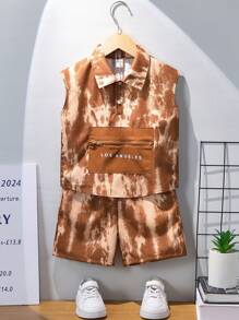 男童扎染印花上衣和短裤套装（2件套） - 黑色 - 查看 1