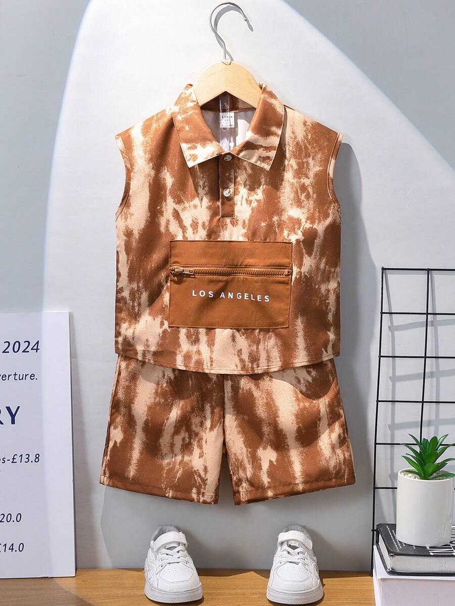 男童扎染印花上衣和短裤套装（2件套） - 黑色 - 查看 1