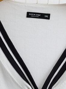 SHEIN LUNE Blusa de punto con mangas cortas y ribete de contraste, tallas grandes, primavera/verano - Blanco - Ver 5