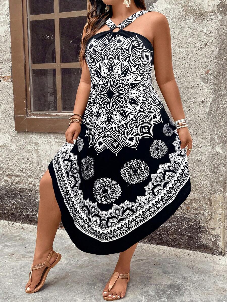 SHEIN Clasi Plus Size Curved Hem Halter Neck Dress Maxi Women Outfit