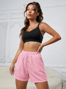 SHEIN Cheerettes Casual Solid Color Drawstring Waist Sports Shorts Sweater Shorts - Pink - View 3