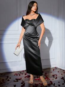 Modelyn Women Off-Shoulder Pleated Elegant Slim Fit Dress - Black - View 5