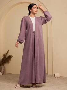 Graceveil Effen kleur damesjack met bubbelmouwen en gedraaid ontwerp, knielange rok in Arabische stijl