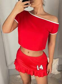 SHEIN ICON Minifalda roja con estampado numérico y volantes en el bajo, de talle bajo - Rojo - Ver 5