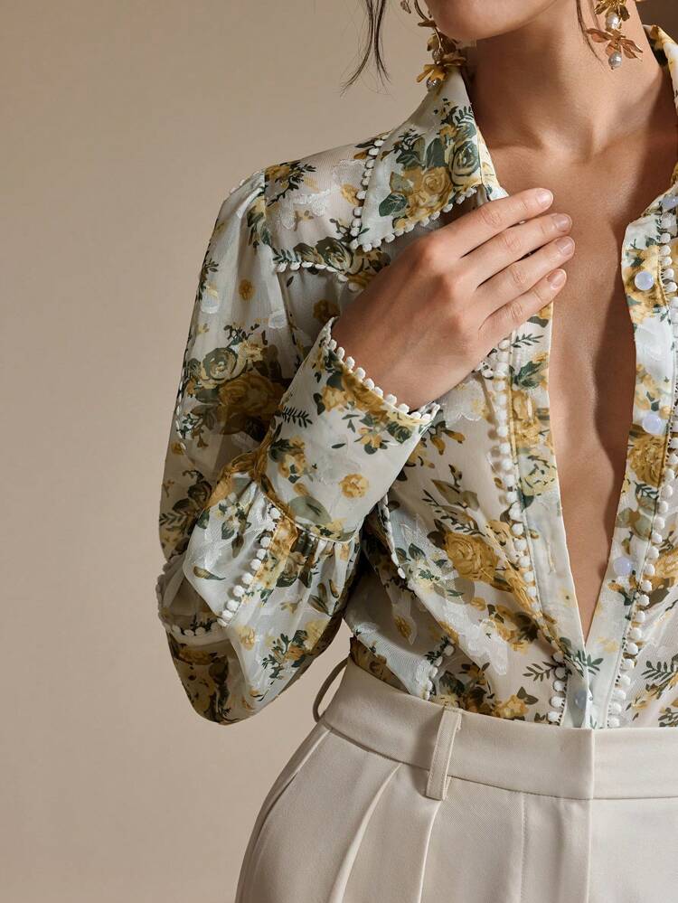 Women's Elegant Floral Cut-Out Print Lantern Sleeve Long Sleeve Blouse Top, Spring,Summer