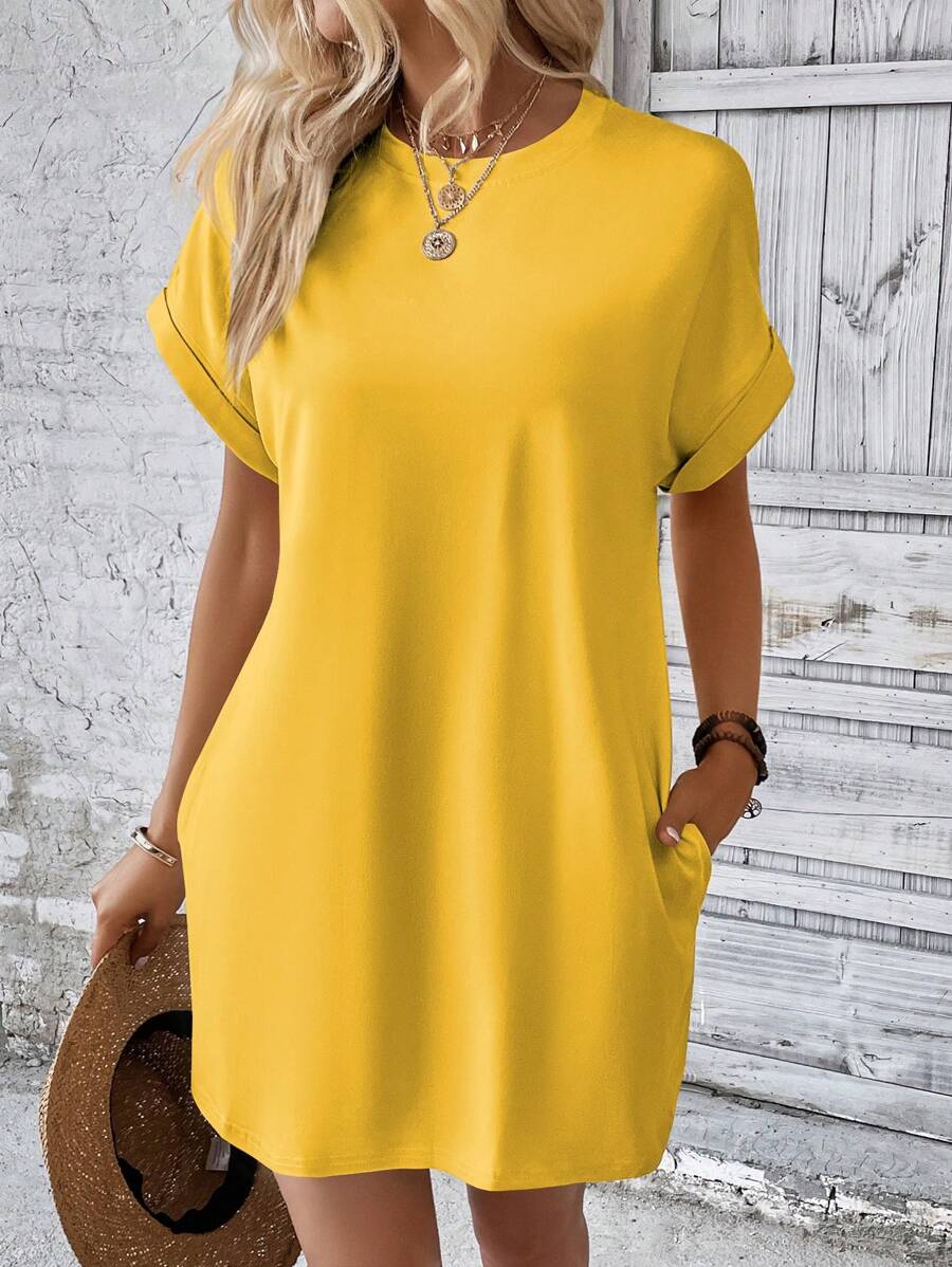 INAWLY Solid Color Batwing Sleeve Casual Mini Dress For Vacation - Mustard Yellow - View 1